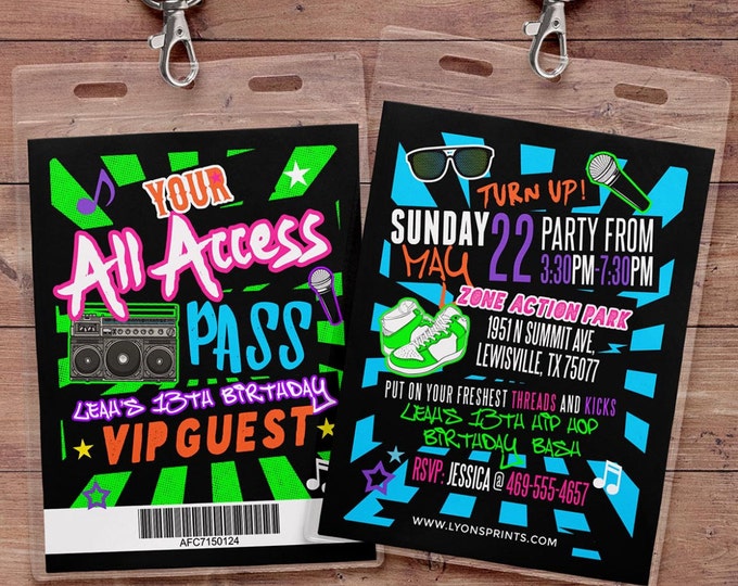 Hip hop, Retro, neon, VIP PASS, backstage pass, Vip invitation, birthday invitation, pop star, bridal shower invite, Rock Star birthday,