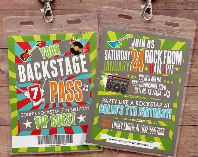 Punk Rock, VIP PASS, backstage pass, Vip invitation, birthday invitation, pop star, rock star birthday, roller-skate party VIP, 80's