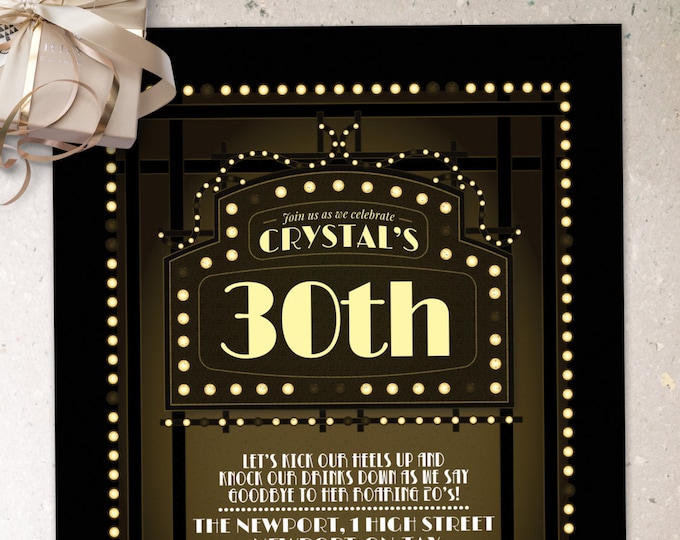 Great Gatsby birthday invitation, Roaring 20's, Hollywood film theme party invite. Black and gold glam printable digital invite, glam,