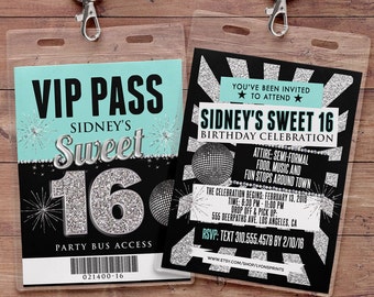 VIP PASS, Sweet 16, 21st birthday, backstage pass, birthday invitation, wedding, baby shower, bachelorette party, party favor, party bus