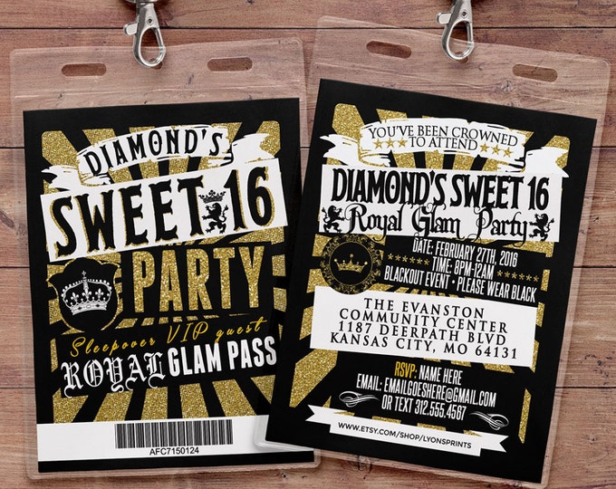 VIP PASS, Sweet 16, 21st birthday, backstage pass, concert ticket, birthday invitation, wedding,Royal invitation,  medieval, princess, crown