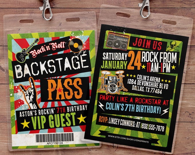 VIP pass invite design, Rock star, backstage pass, Vip invitation, birthday, pop star, rock star birthday, guitar invite, music theme
