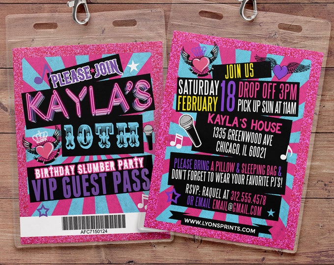 Retro, neon, VIP PASS, backstage pass, Vip invitation, birthday invitation, pop star, bridal shower invite,  lanyard, Rock Star birthday,