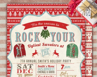 May include: A red and white Christmas party invitation with a festive design. The invitation reads "Rock Your Ugliest Sweaters at The 7th Annual Smith's Holiday Party". The party is on Saturday, December 15th, 2015 at 7pm at Smith's Home, 4425 Denver CT, Chicago, IL 60010. The invitation also includes the RSVP information: Melissa Smith, 310.555.4356.