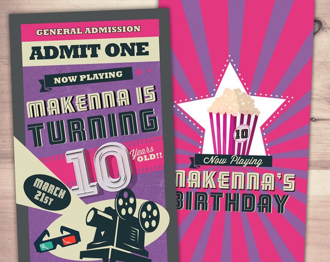 Movie ticket Invitations - birthday movie theater invite, Movie Night Invitation - Movie Night Party, movie birthday, retro film