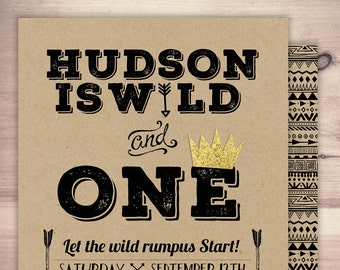 Wild one Birthday Invitation, Wild thing birthday Invite, invitation, arrow, pow wow, BOHO, Tribal, first birthday, 1st birthday, Gold