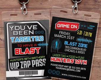 Laser tag invitation - VIP pass birthday invitations for laser tag party - Boys birthday party invitation - laser gun, video game