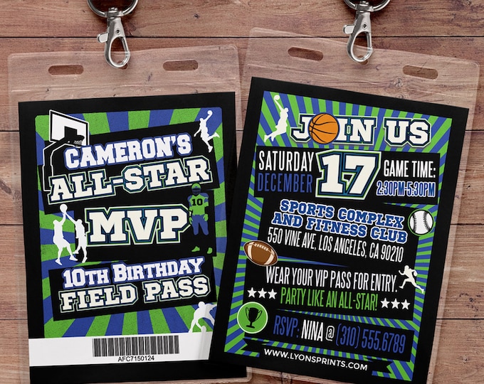 All-Star, Field Pass, Football Invitation, All Star Birthday, VIP pass, Birthday invitation, sports birthday, basketball, baseball