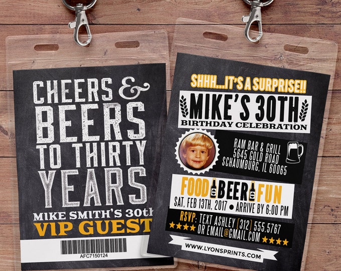 ANY AGE, Cheers and Beers invitation, beer, 21st, 30th, 40th, 50th, 60th, 70th, Surprise Birthday Party Invitation, VIP pass, cheers,