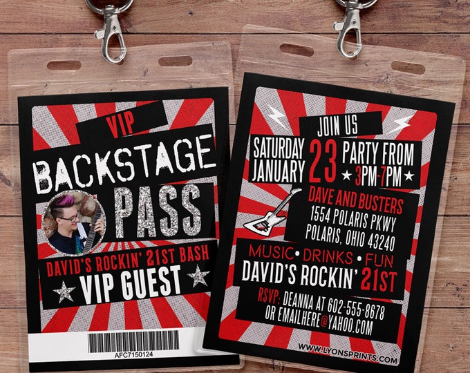 VIP PASS, backstage pass, concert ticket, birthday invitation, 40th, 30th, 21st, 50th, party favor, lanyard, rock star
