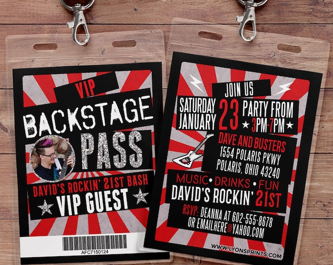 VIP PASS, backstage pass, concert ticket, birthday invitation, 40th, 30th, 21st, 50th, party favor, lanyard, rock star