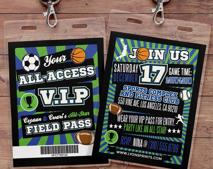 All-Star, Field Pass, Football Invitation, All Star Birthday, VIP pass, Birthday invitation, sports birthday, basketball, baseball