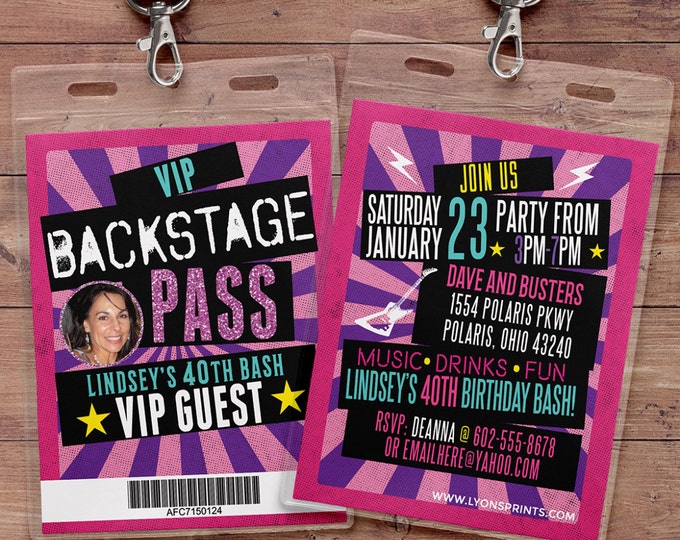 VIP PASS, backstage pass, concert ticket, birthday invitation, 40th, 30th, 21st, 50th, party favor, lanyard, rock star