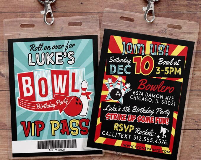 Bowling Invitation , Bowling Birthday Party Invite,  Boy Bowling, girl bowling, VIP pass, retro bowling, bowling, Strike