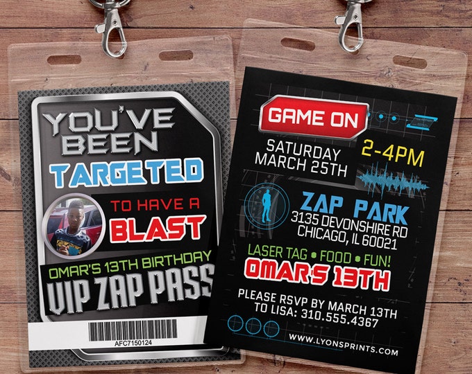 Laser tag invitation, VIP pass birthday invitations for laser tag party, Boy's birthday party invitation, laser gun, arcade invite