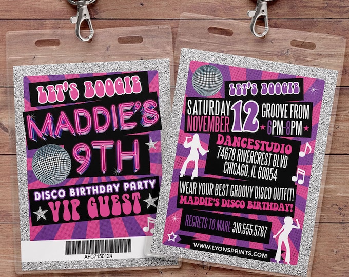 Disco, Retro, neon, VIP PASS, backstage pass, Vip invitation, birthday invitation, pop star, bridal shower invite, Rock Star birthday,