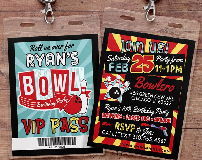 Bowling Invitation, Bowling Birthday Party Invite, bowling and laser tag, VIP pass, retro bowling, bowling, Strike