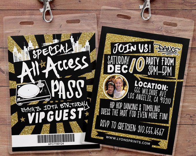 Hip hop, Retro, neon, VIP PASS, backstage pass, Vip invitation, birthday invitation, pop star, Rock Star birthday, Digital files