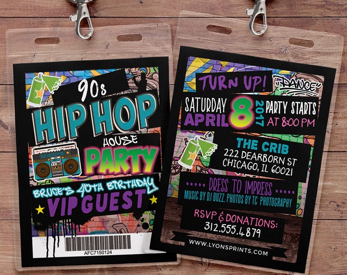 Hip Hop, Swagger, VIP PASS, backstage pass, Vip invitation, birthday invitation, pop star, lanyard, Graffiti, birthday, DJ, 90's party