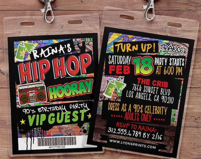 Hip Hop, Swagger, VIP PASS, backstage pass, Vip invitation, birthday invitation, pop star, lanyard, Graffiti, birthday, DJ, 90's party