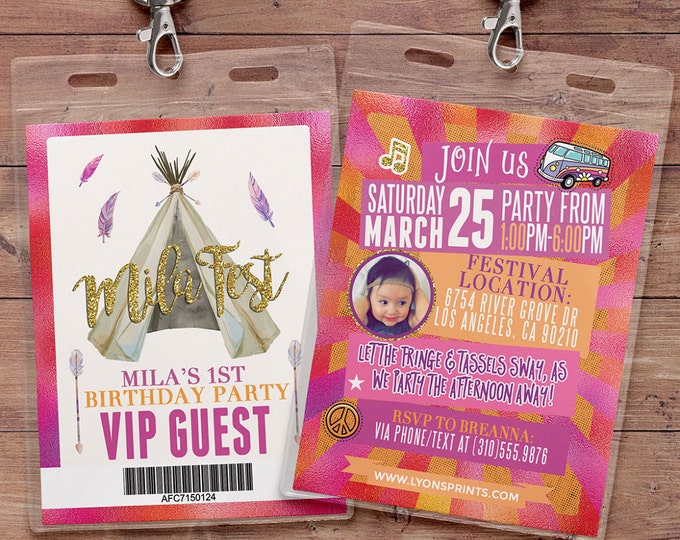 VIP pass, Festival Birthday Invitation,  Boho Chic Birthday Invitation, boho birthday invitation,Let's Get Wild Invite, feathers