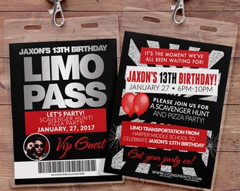 VIP PASS, Limo pass, Birthday party, 21st birthday, backstage pass, cocktail party, birthday invitation, wedding, bachelor, party bus