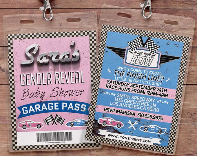 Gender reveal invitation, Retro Race Car Invitation, Pitt Pass, Vintage Race Car Invite, Race Car Birthday, VIP pass, baby shower