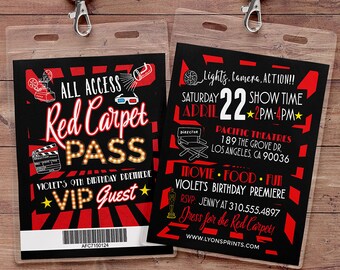 Hollywood Birthday, Sweet 16, VIP pass, backstage pass, Vip invitation, birthday invitation, red carpet, glitter, movie, film, Digital files