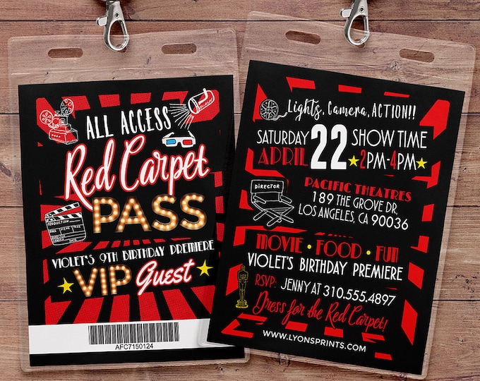 Hollywood Birthday, Sweet 16, VIP pass, backstage pass, Vip invitation, birthday invitation, red carpet, glitter, movie, film, Digital files