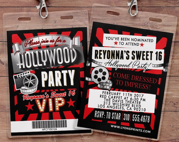 VIP Pass Birthday Invitation, Hollywood Birthday Invite, Red Carpet Sweet 16 Invitation, Hollywood Party