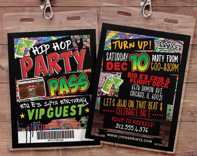 Hip Hop, 80s party, 90s party, VIP PASS,  Vip invitation, birthday invitation, Digital Files, Graffiti, birthday, throwback party invite