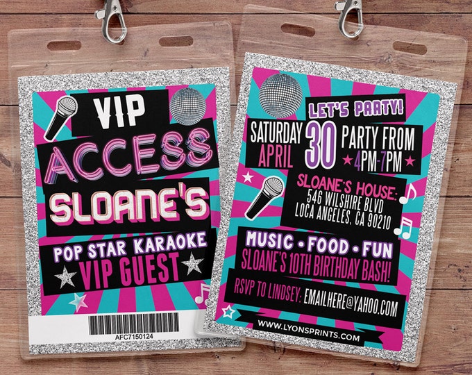 Disco, Retro, neon, VIP PASS, backstage pass, Vip invitation, birthday invitation, pop star, bridal shower invite, Rock Star birthday,