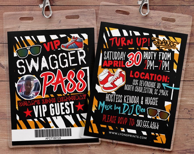 Hip Hop, Swagger, VIP PASS, backstage pass, Vip invitation, birthday invitation, pop star, lanyard, Rock Star birthday, animal print