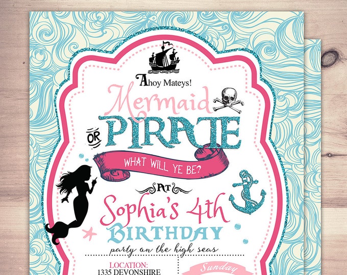 Mermaid invitation,  Pirate and Princess Birthday Invitation, Princess and Pirate invitation ,Twins birthday, nautical, under the sea