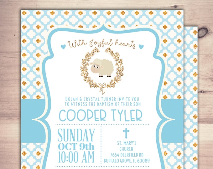 Lamb Baptism Invitation, Christening, Blue Boy Little Lamb Christening Invitation, little lamb, baby sheep, sheep, invitations