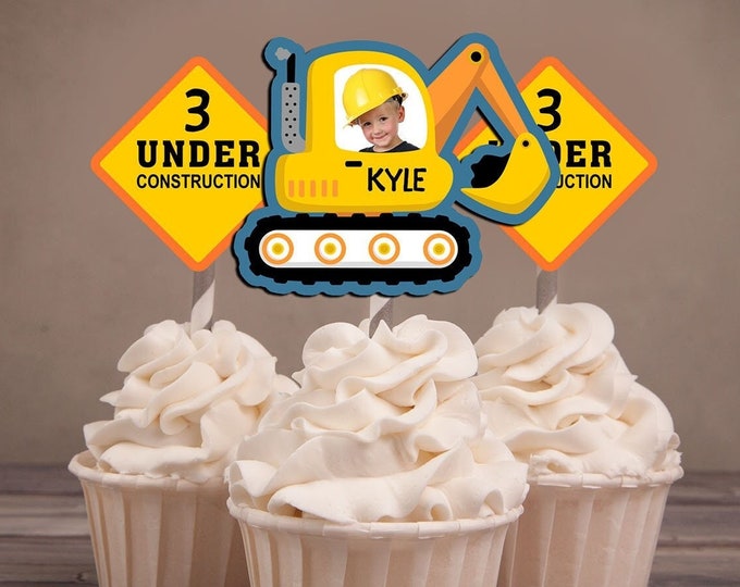 Photo Cupcake Toppers Digital File -construction birthday, dump truck, under construction, construction invitation, boy birthday