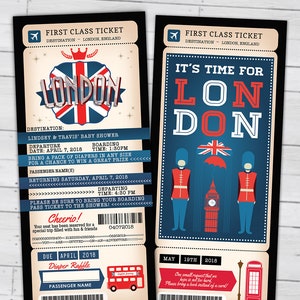 PASSPORT and TICKET, baby shower invitation- travel birthday invitation- London, Union Jack, England, British, Digital files only