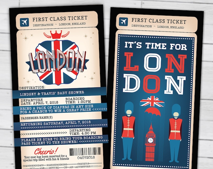 PASSPORT and TICKET, baby shower invitation- travel birthday invitation- London, Union Jack, England, British, Digital files only