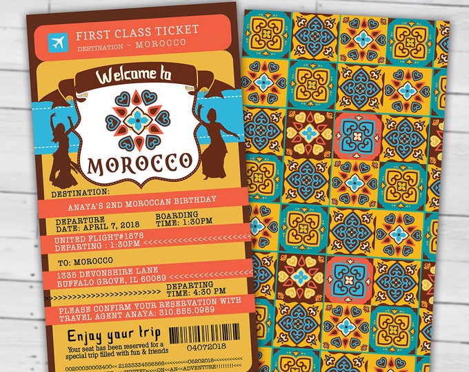 Morocco, Passport and ticket, birthday invitation, Girl  birthday, travel birthday party invitation- Moroccan birthday-ethnic