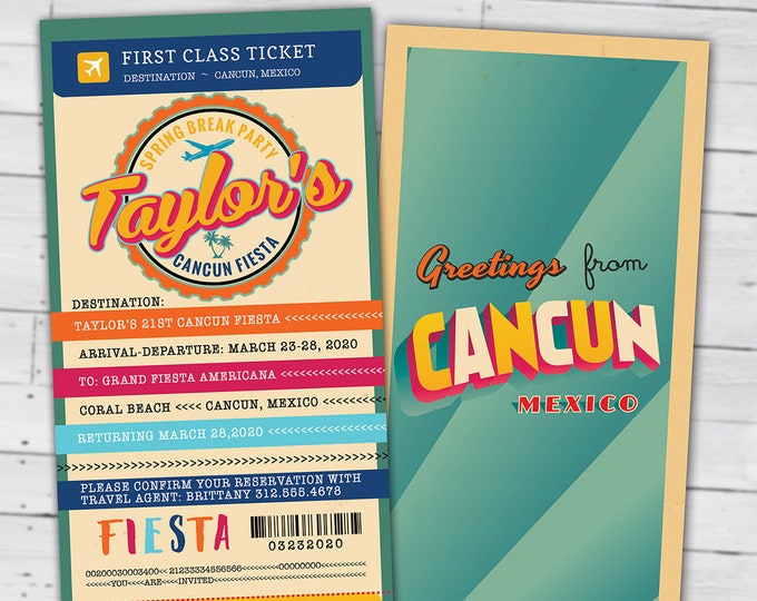 Passport and ticket birthday invitation, travel birthday invitation, cruise invitation, Mexico, Cancun, Spring Break Digital files only