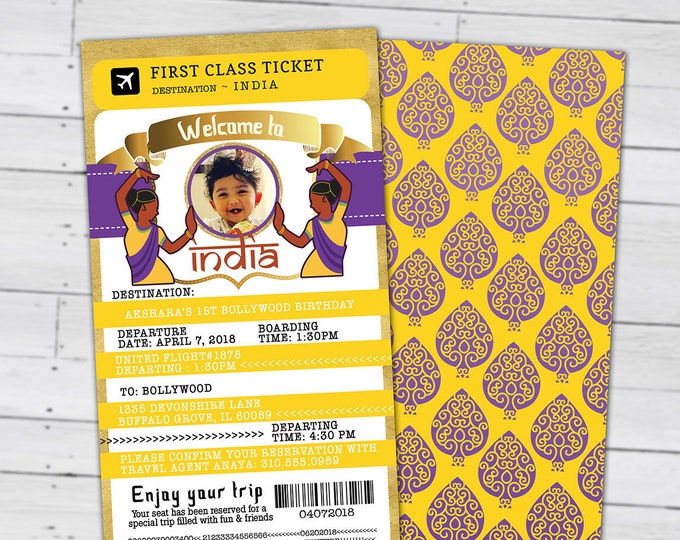 PASSPORT and TICKET invitation, India, Indian birthday- travel birthday party invitation-  sweet 16, Digital files only, Ganesh