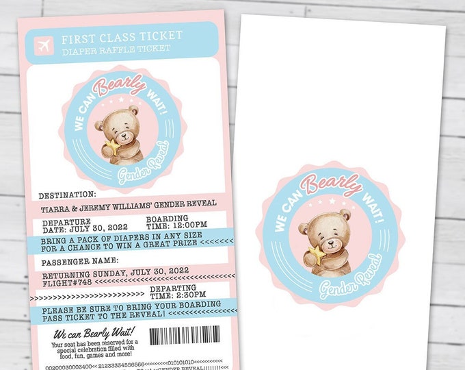 Teddy Bear gender reveal Invitation, We can Bearly Wait, Bearly Wait Baby Shower Invitation, passport invitation