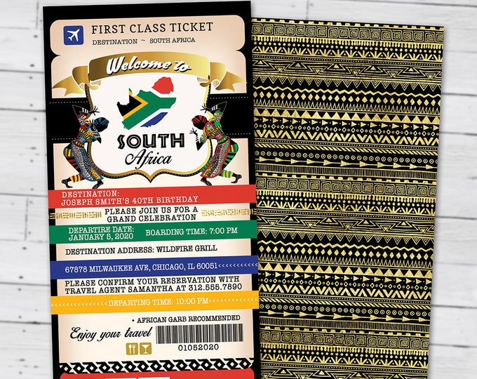 PASSPORT and TICKET Birthday invitation, travel invitation, South Africa Passport, South African Birthday,  Digital files only