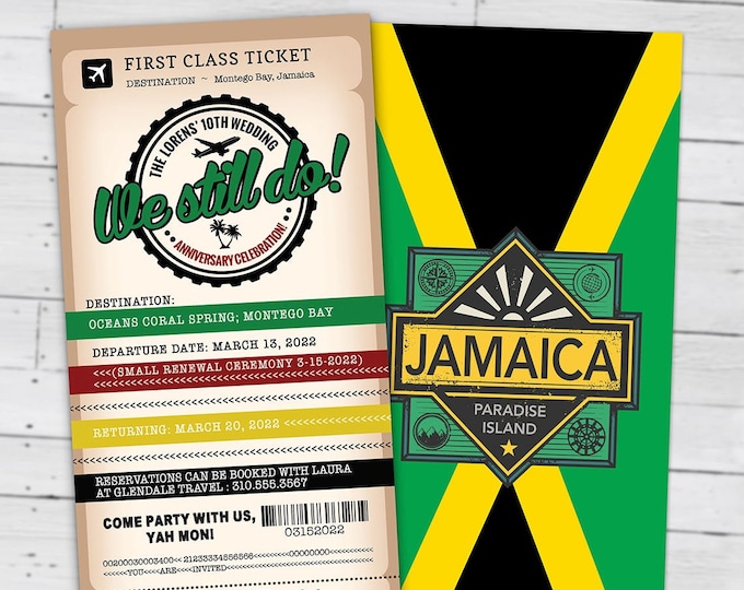 Passport and ticket  wedding anniversary invitation, wedding party invitation, cruise invitation, Jamaica, we still do, Digital files only