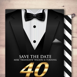 Save the date, Tuxedo birthday party invite, secret agent, detective invite, suit birthday invite, black tie, Aged to perfection invite