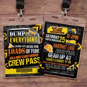 Under Construction Baby Shower invitation, Construction Invitation, Dump Truck, Tools Invitation, Crew pass, VIP pass