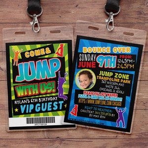 May include: A colorful invitation for a child's birthday party at a trampoline park. The invitation features a cartoon image of a child jumping on a trampoline and the text "Come & Jump With Us!"  The invitation also includes the date, time, and location of the party.  The text "Rylan's 6th Birthday VIP Guest" is printed on the invitation.