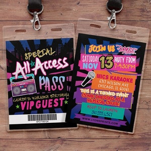 VIP pass, karaoke party, backstage pass, Vip invitation, birthday invitation, pop star, lanyard, Digital files, hiphop invite