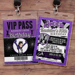 Cheerleading invitation, VIP PASS, Cheerleading, Cheerleading birthday, backstage pass, birthday invitation, glitter, pom pom, cheer