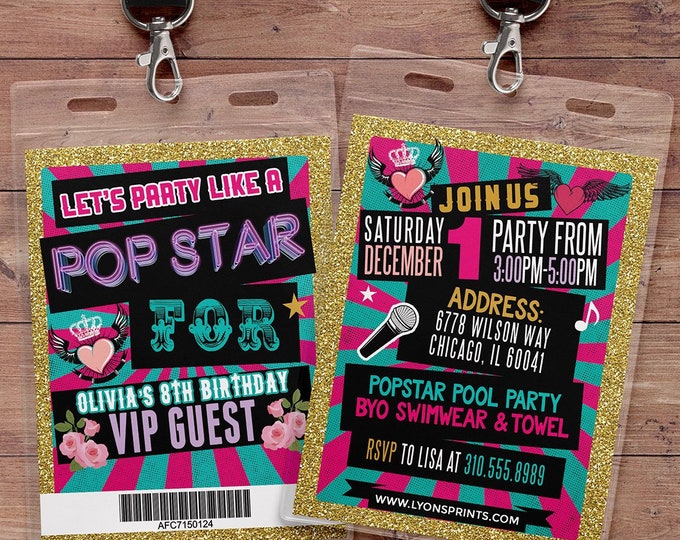 Retro, neon, VIP PASS, backstage pass, Vip invitation, birthday invitation, pop star, pool party invite,  lanyard, Rock Star birthday,